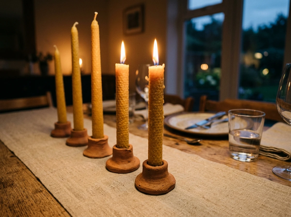 Hand-Poured Beeswax Tapers in Clay Holders