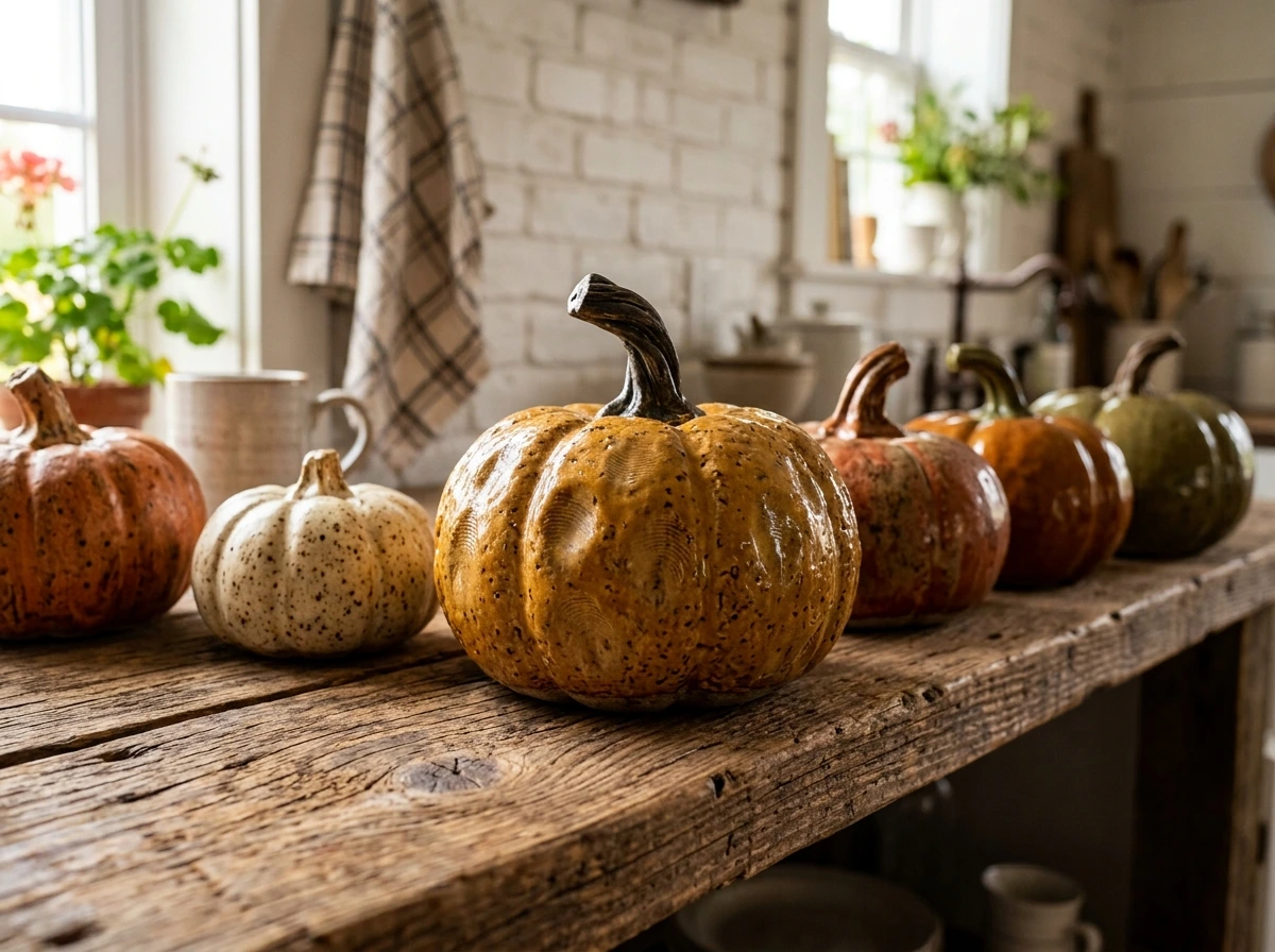 Hand-Thrown Pottery Pumpkins on a Reclaimed Plank Shelf