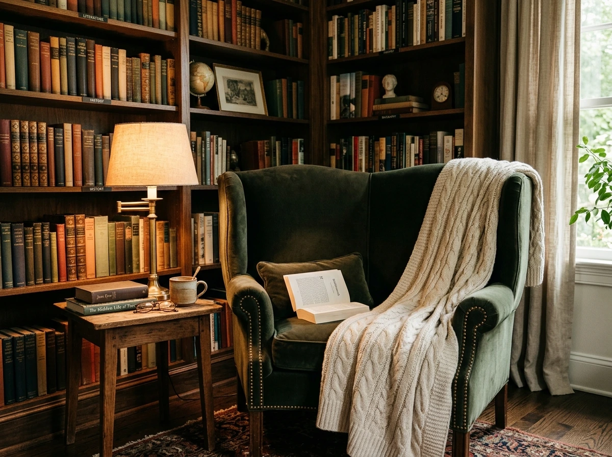 Home Library Fall Styling With Categorized Books And A Cashmere Reading Throw