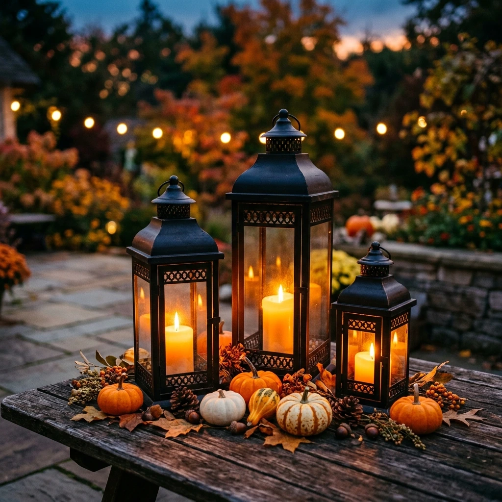 Lantern Trio With Mini Pumpkins for Easy Fall Porch Styling