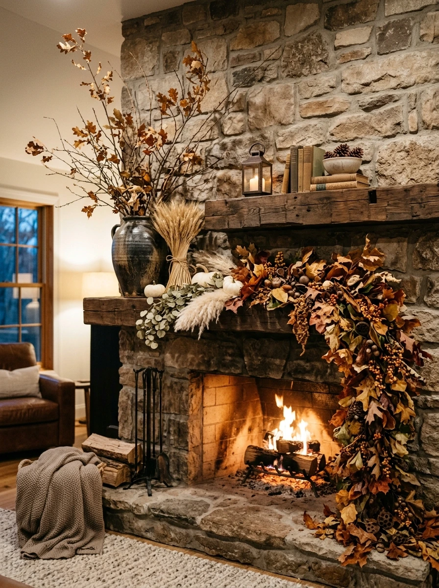 Layer Natural Textures for Elegant Fall Fireplace Decor