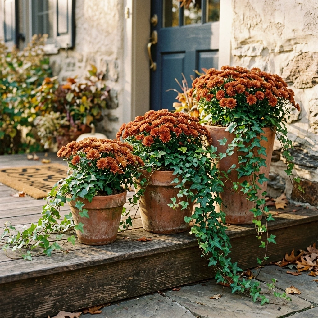 Layered Terracotta Planters With Trailing Ivy and Rust Mums