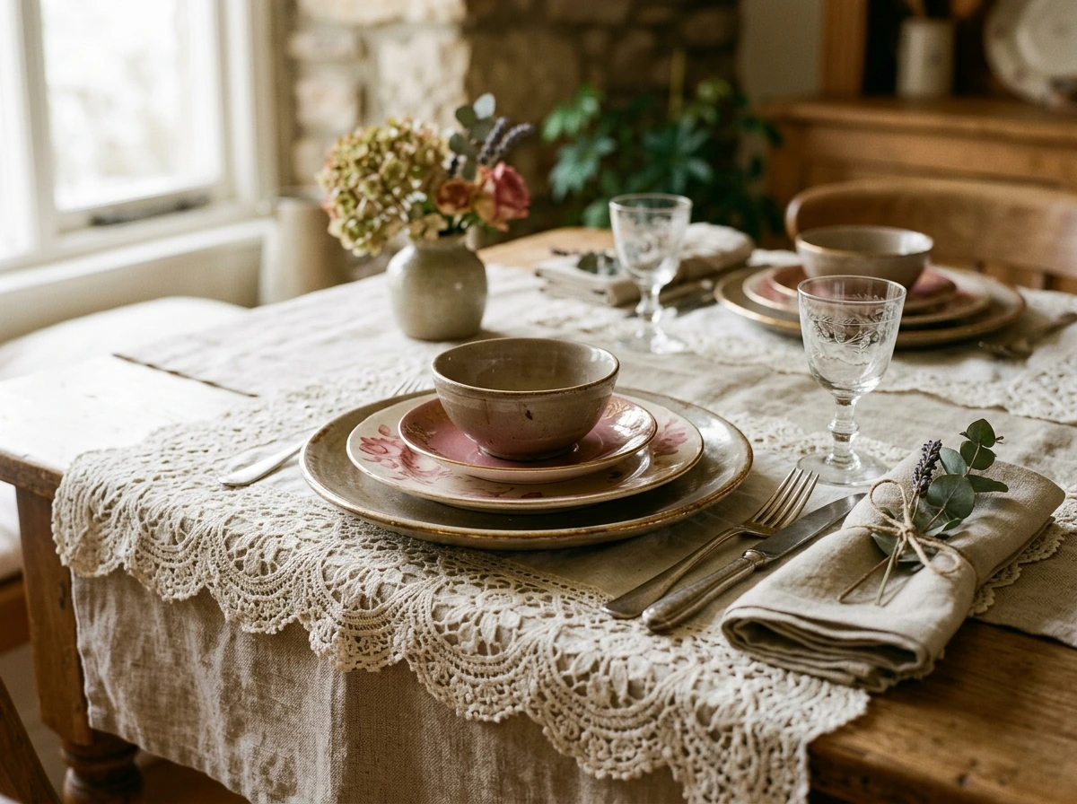 Linen and Lace Fall Tablecloth with Vintage Dishes