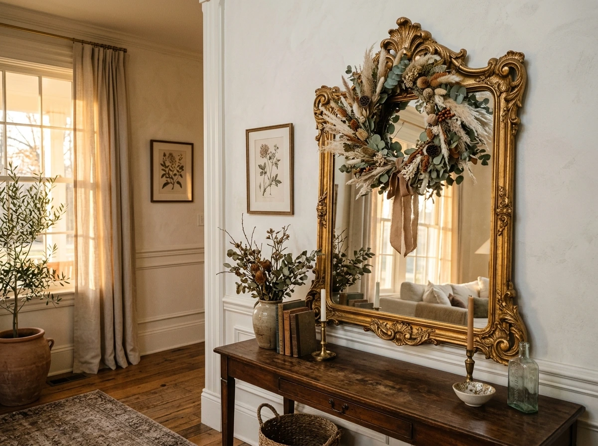 Mirror With Fall Wreath Styling for a Layered Entry Point