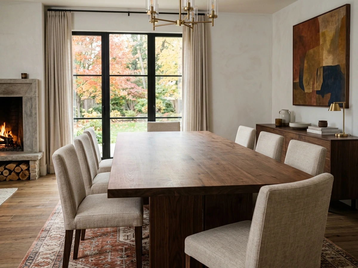 Modern Fall Dining Room With Walnut Table And Muted Linen Upholstery
