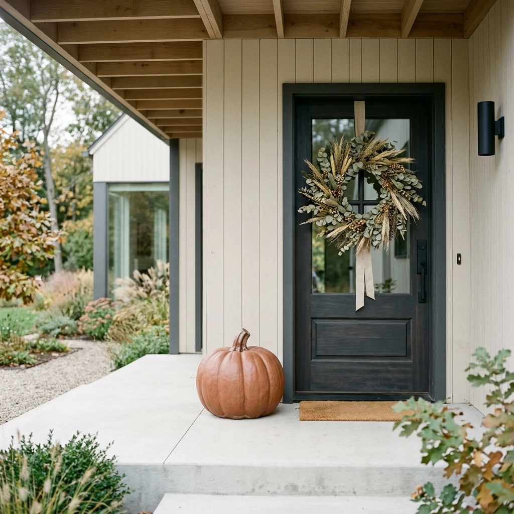Modern Minimalist Fall Entryway With a Single Statement Pumpkin