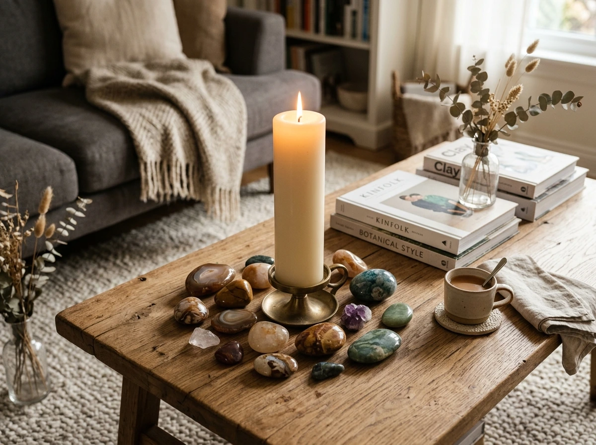 Natural Stone and Candle Vignette for a Quiet, Elegant Table
