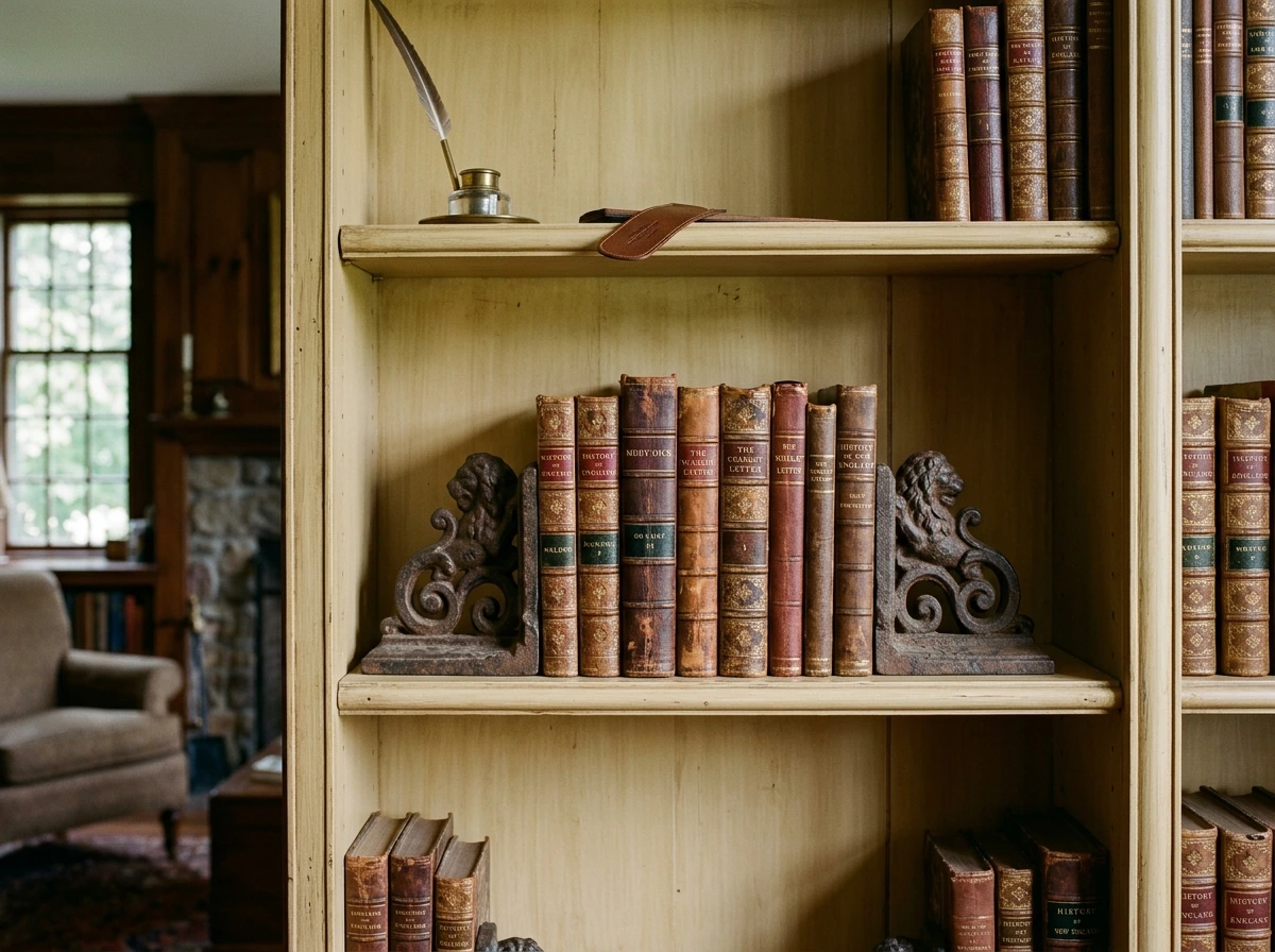 Old Money Fall Bookshelf With Leather-Bound Volumes And Sculptural Objects