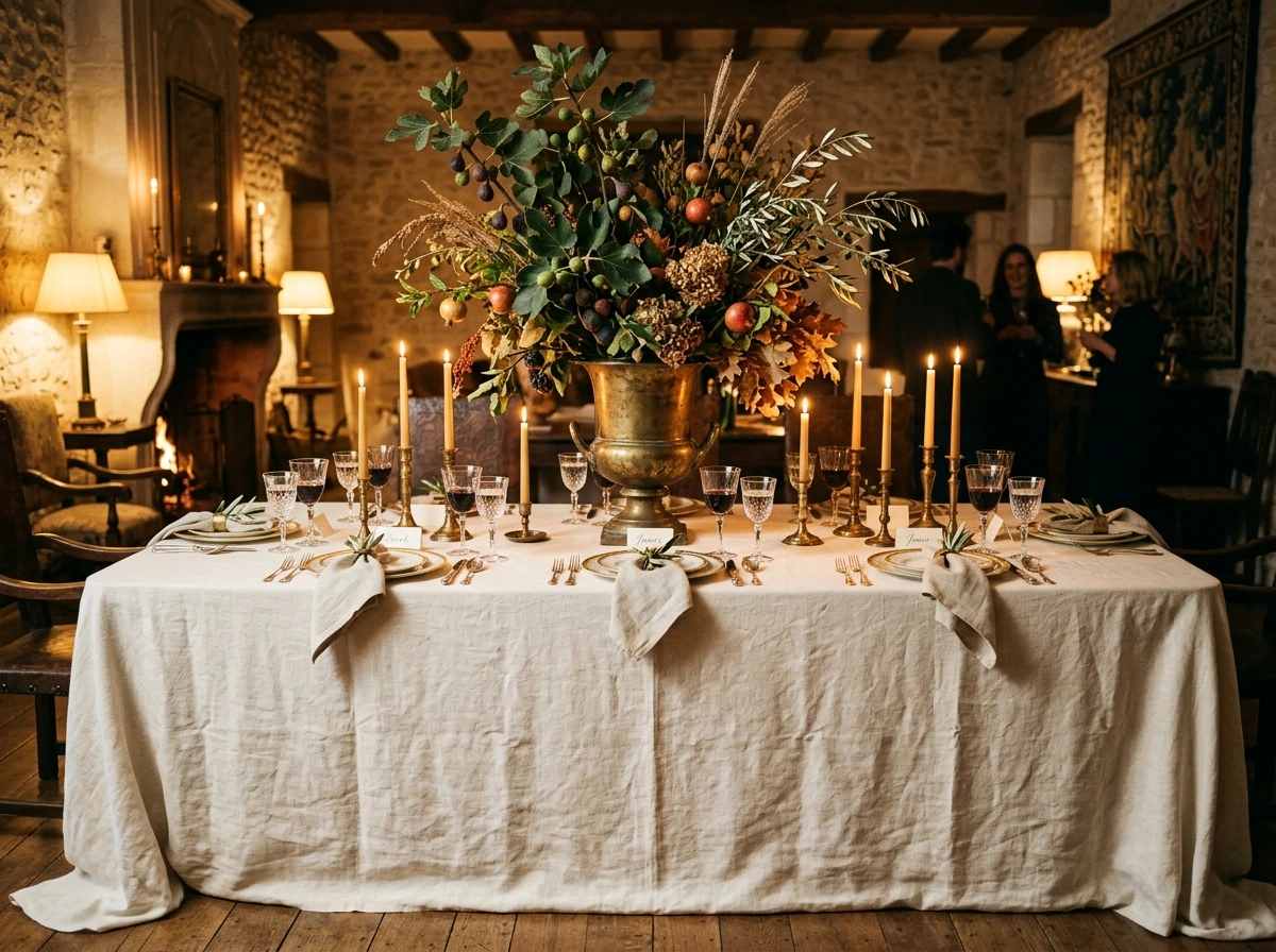 Old Money Fall Dining Table With Linen, Brass, And Fig Branches