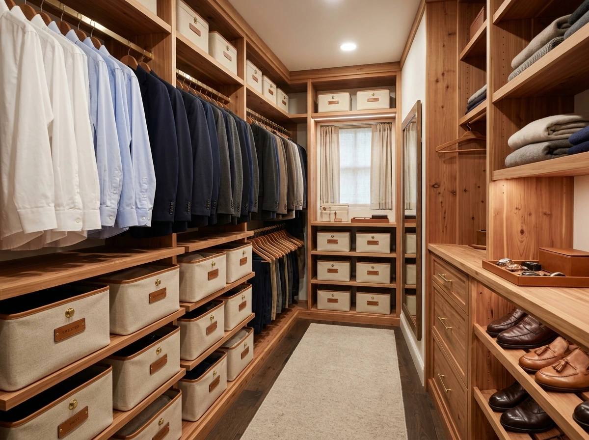Old Money Fall Dressing Room With Cedar Hangers And Natural Fiber Storage