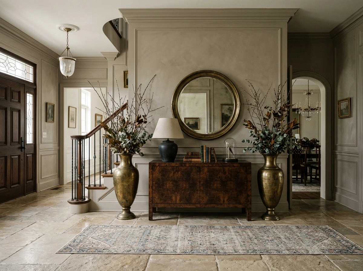 Old Money Fall Entryway With Antiqued Brass And Natural Stone