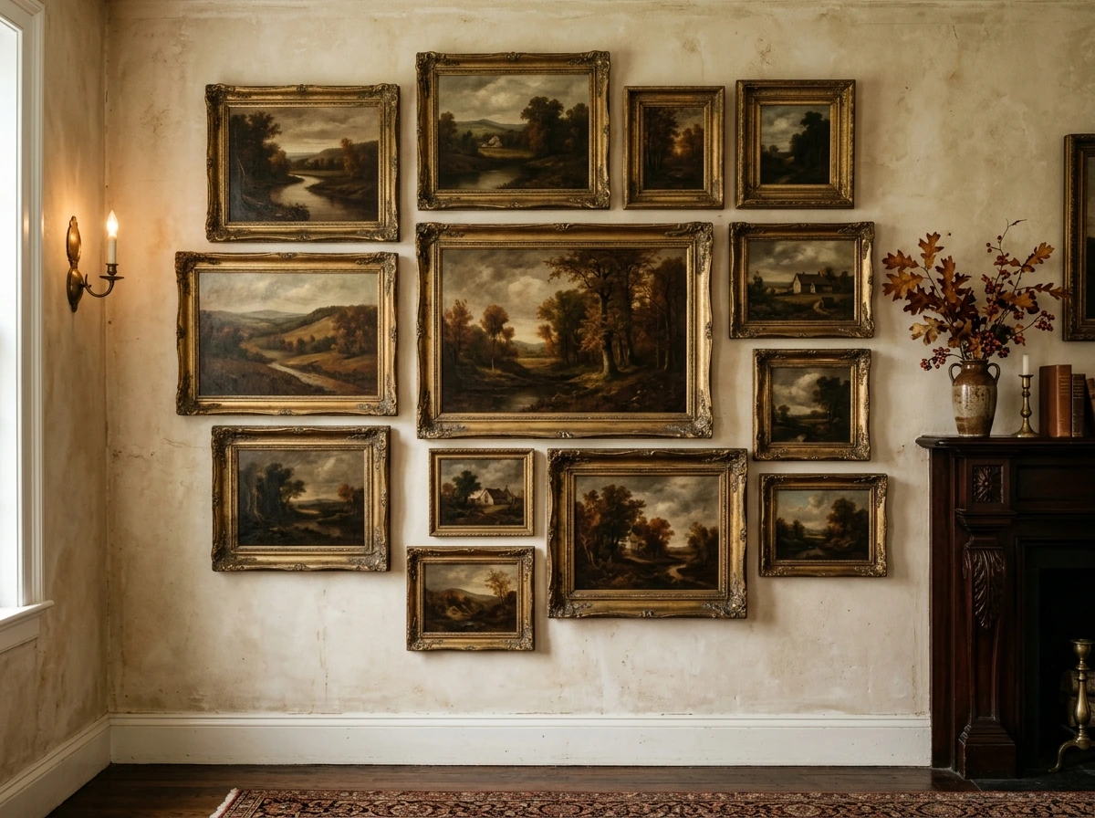 Old Money Fall Gallery Wall With Oil Paintings And Gilt Frames
