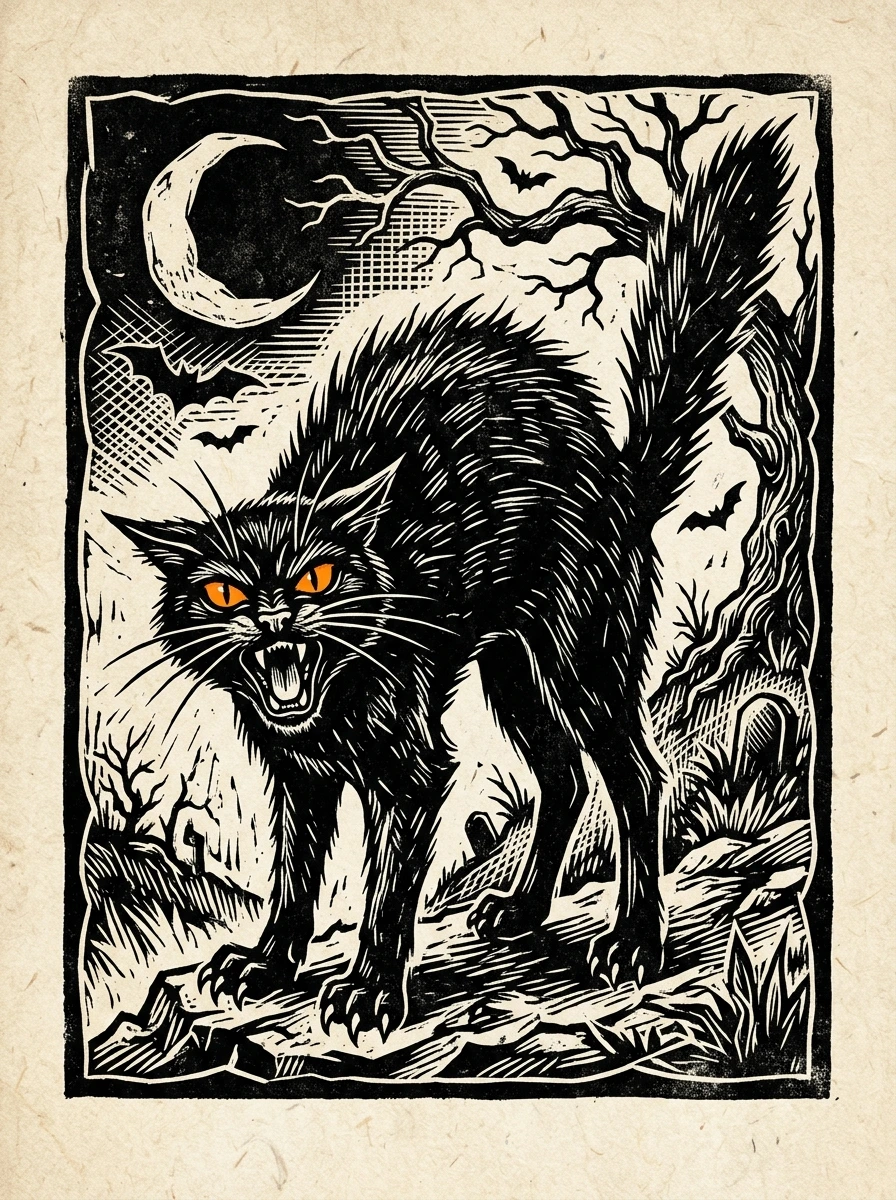 Old-School Black Cat Illustrations for Timeless Halloween Charm