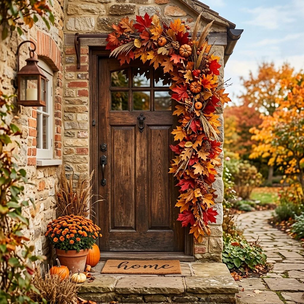 Oversized Faux Maple Leaf Swag Draped Over the Door