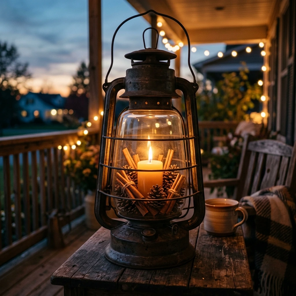 Oversized Hurricane Lantern With Cinnamon Sticks and Pinecones