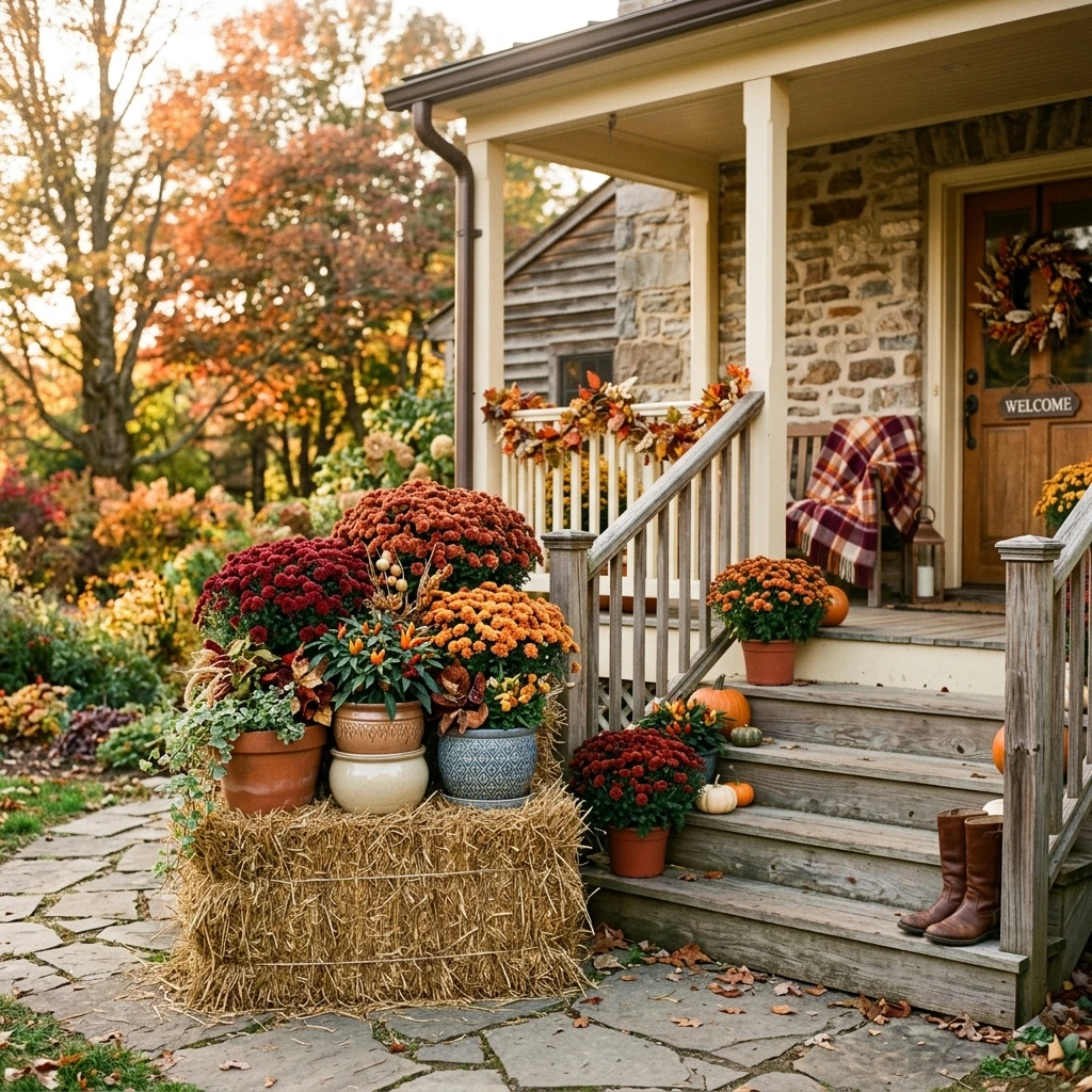 Oversized Mums and Hay Bale Planter Display for Maximum Fall Curb Appeal