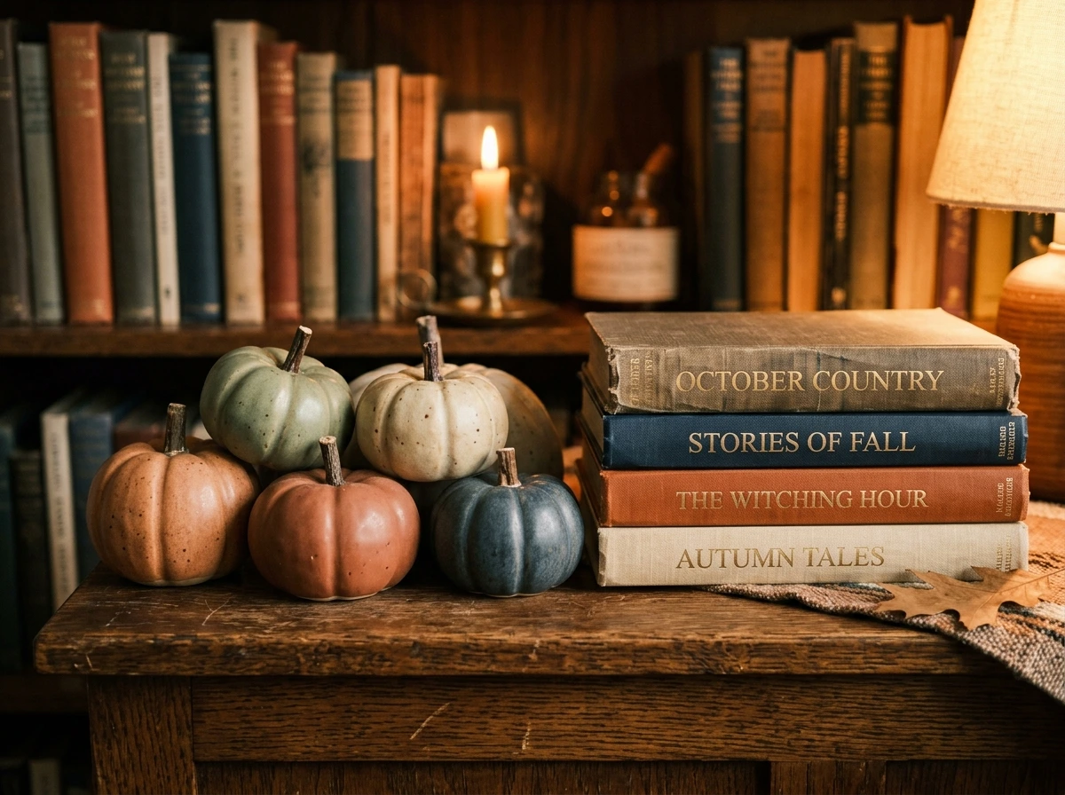 Pumpkin and Book Shelf Display for a Playful Seasonal Touch