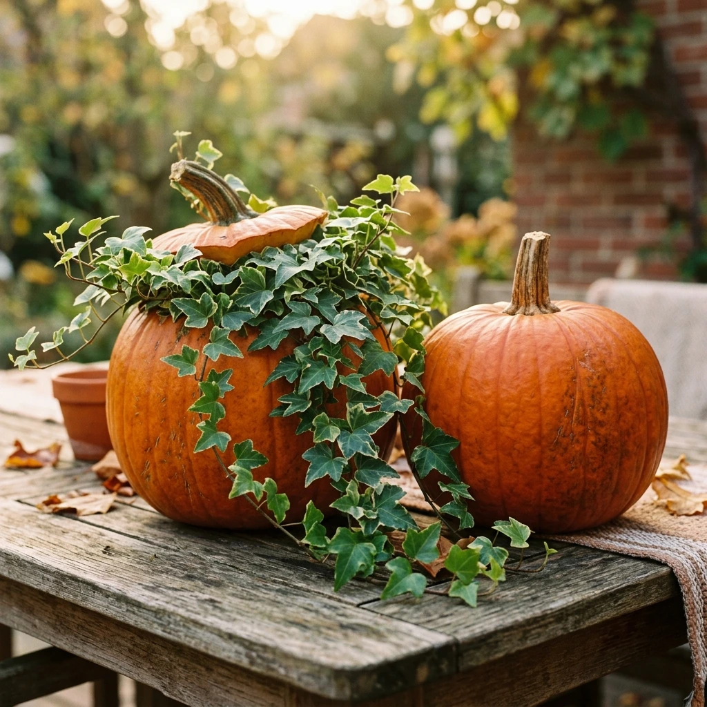 Pumpkin Planter Stack With Cascading Autumn Greenery