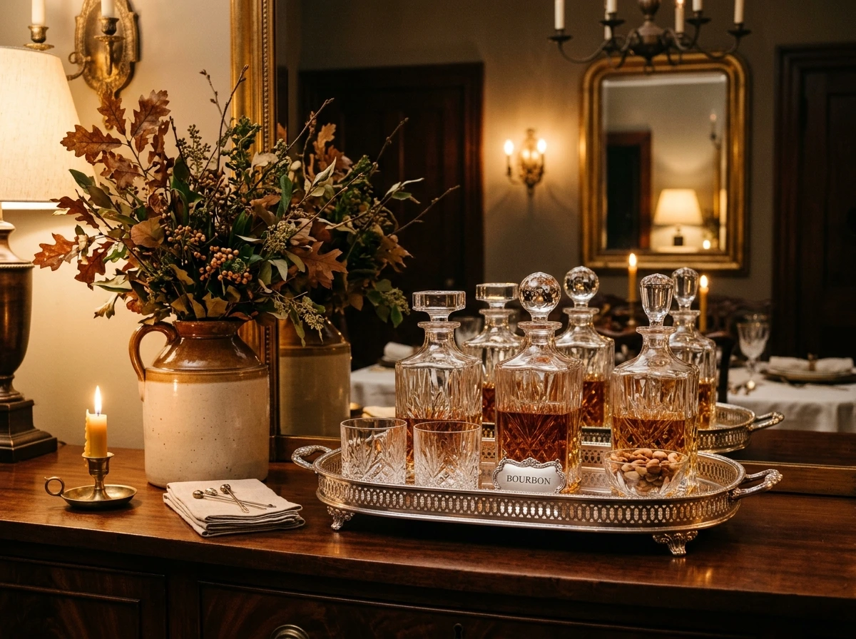 Sideboard Fall Styling With Decanters And Seasonal Botanicals