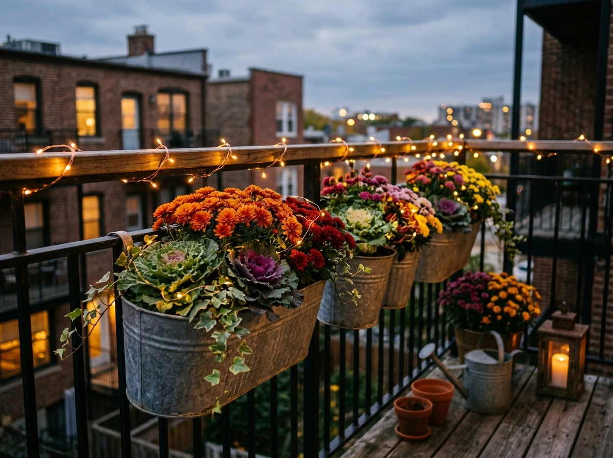 Small Balcony Cottagecore Fall Styling with Planters and Lights