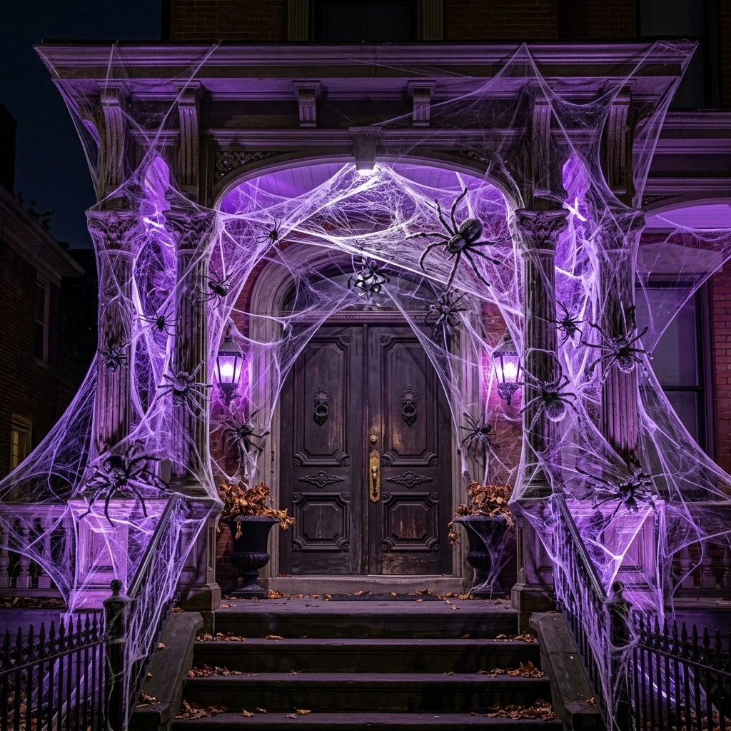 Spiderweb Halloween Porch Decor With Giant Spiders