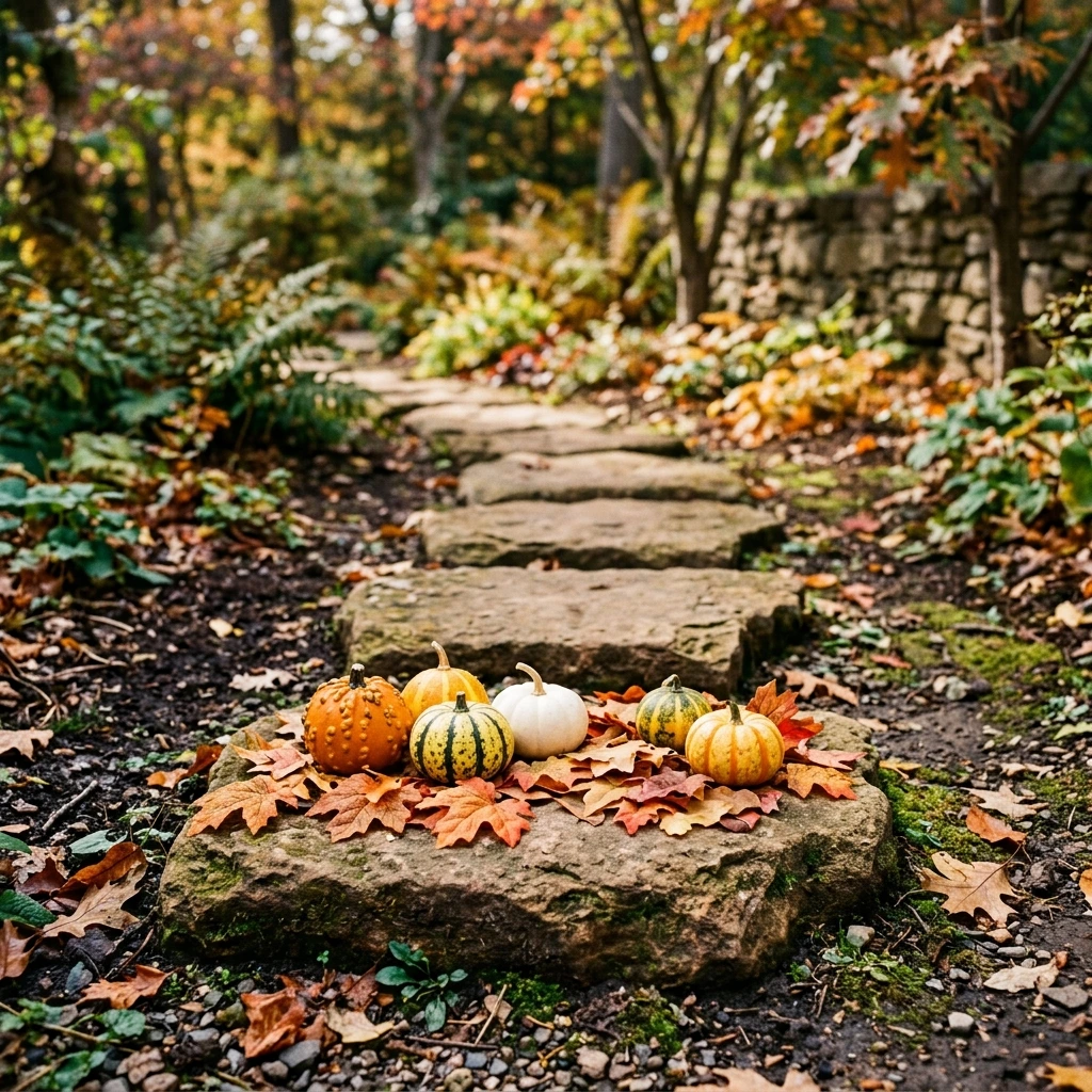 Stepping Stones Dressed With Mini Gourds and Leaves