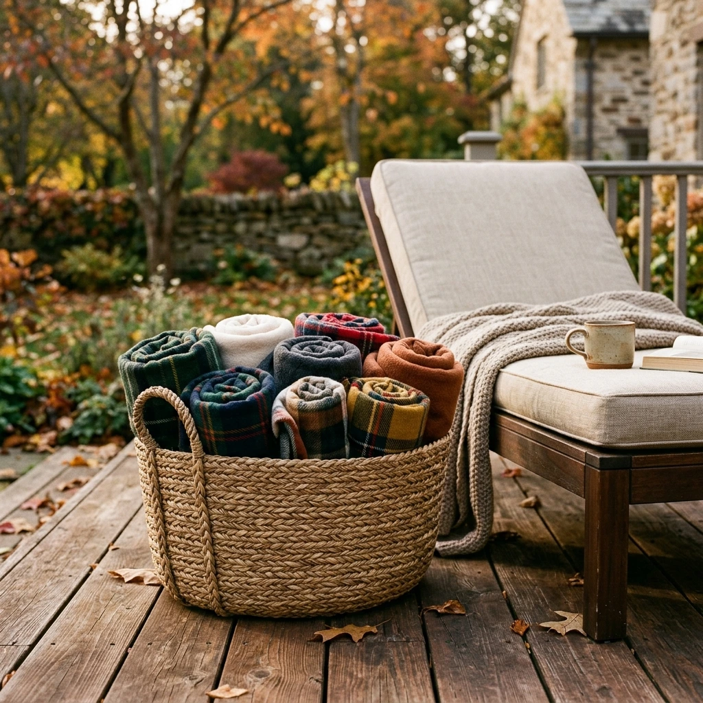Style a Cozy Fall Patio Blanket Basket