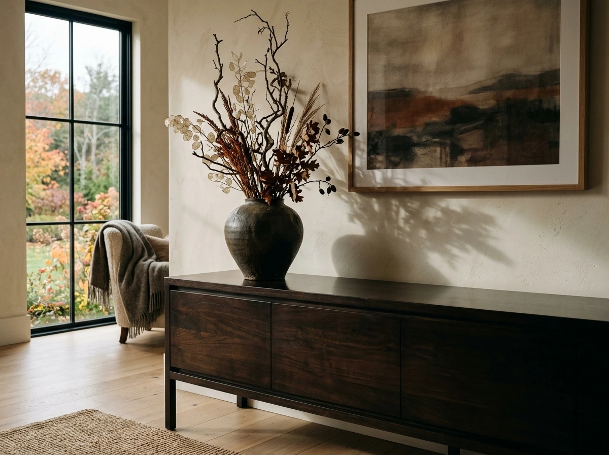 The Considered Fall Vignette On A Lacquered Sideboard
