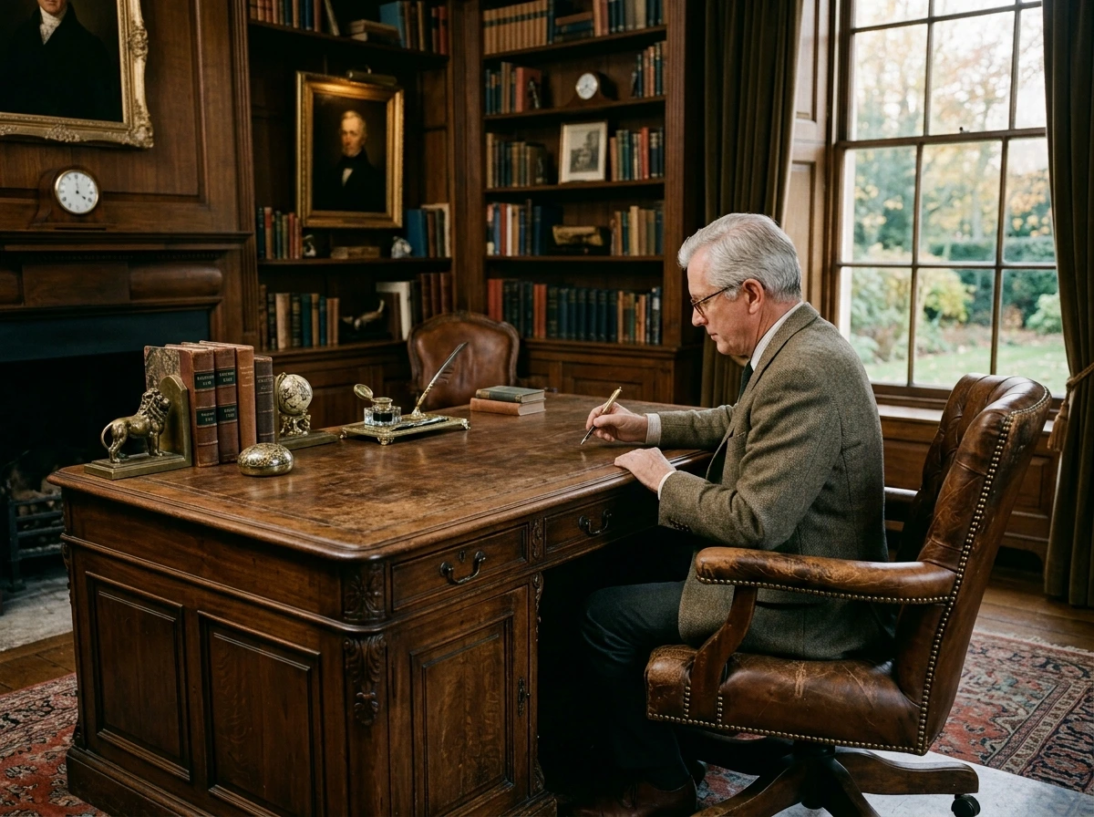 The Home Office In Fall: Walnut Desk, Aged Leather Chair, And Considered Objects