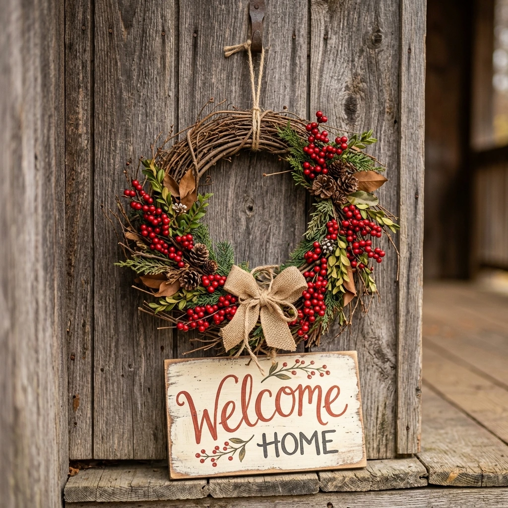Twig and Berry Wreath With a Hand-Painted Welcome Sign
