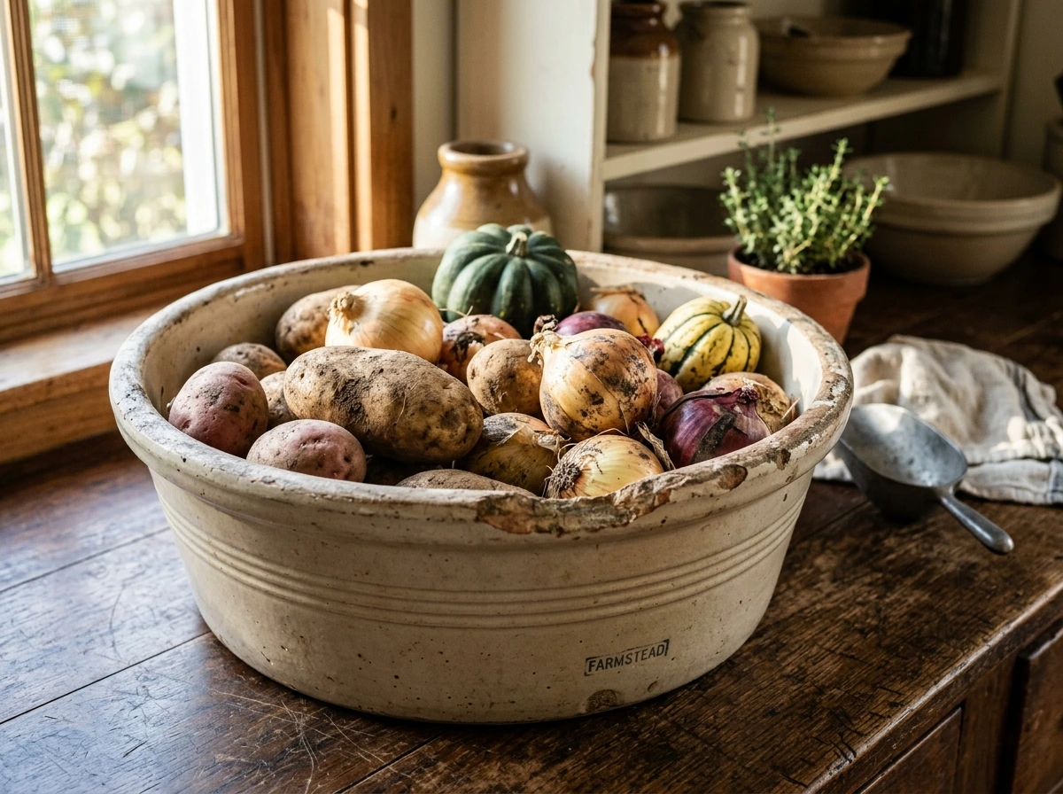 Vintage Crocks and Root Vegetables in the Kitchen