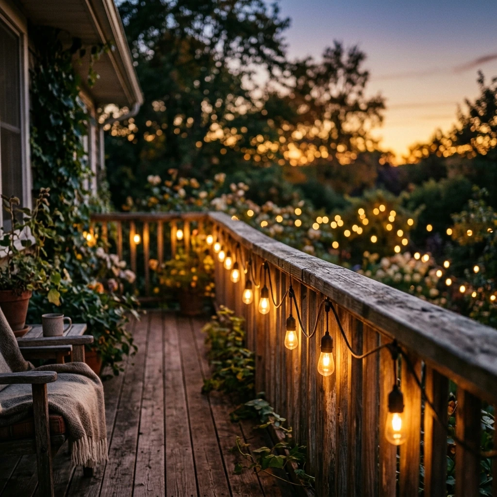 Warm String Lights Draped Along the Porch Railing