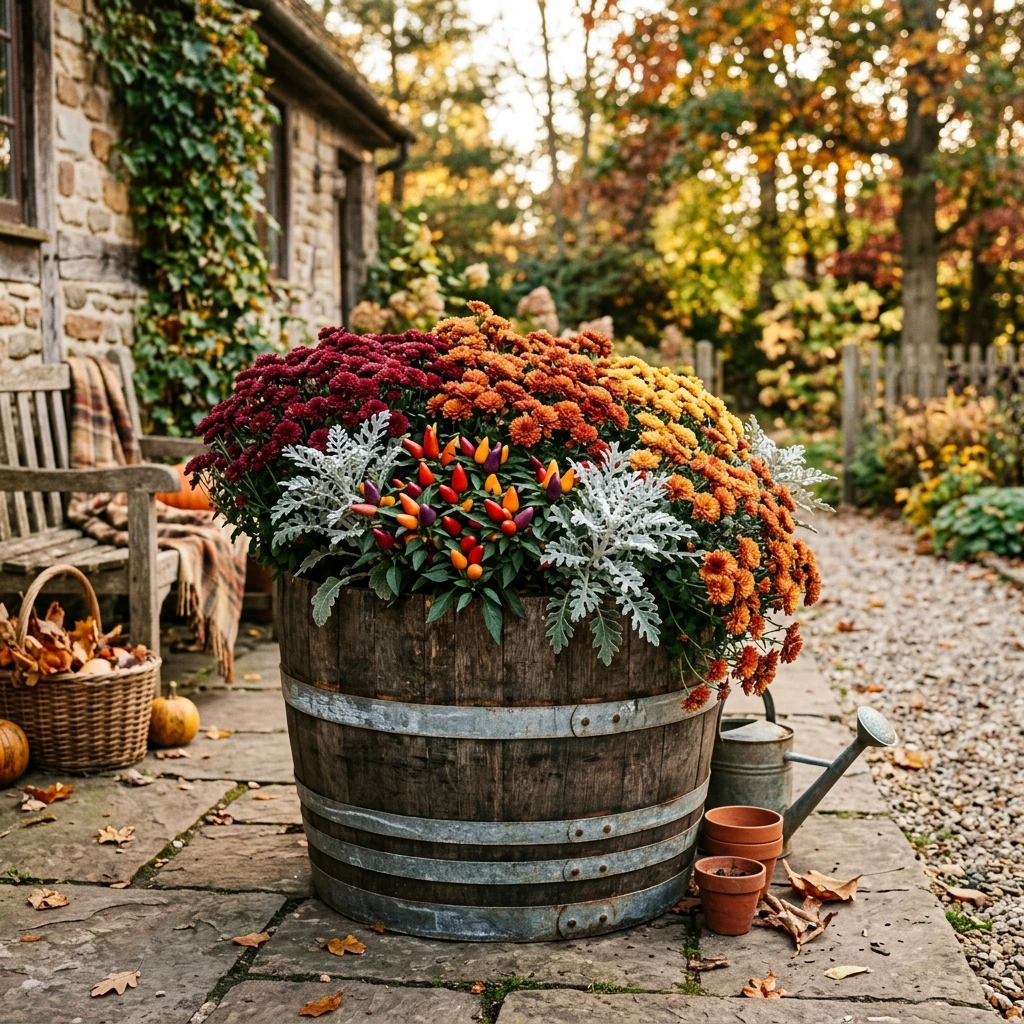 Whiskey Barrel Planter Overflowing With Seasonal Blooms