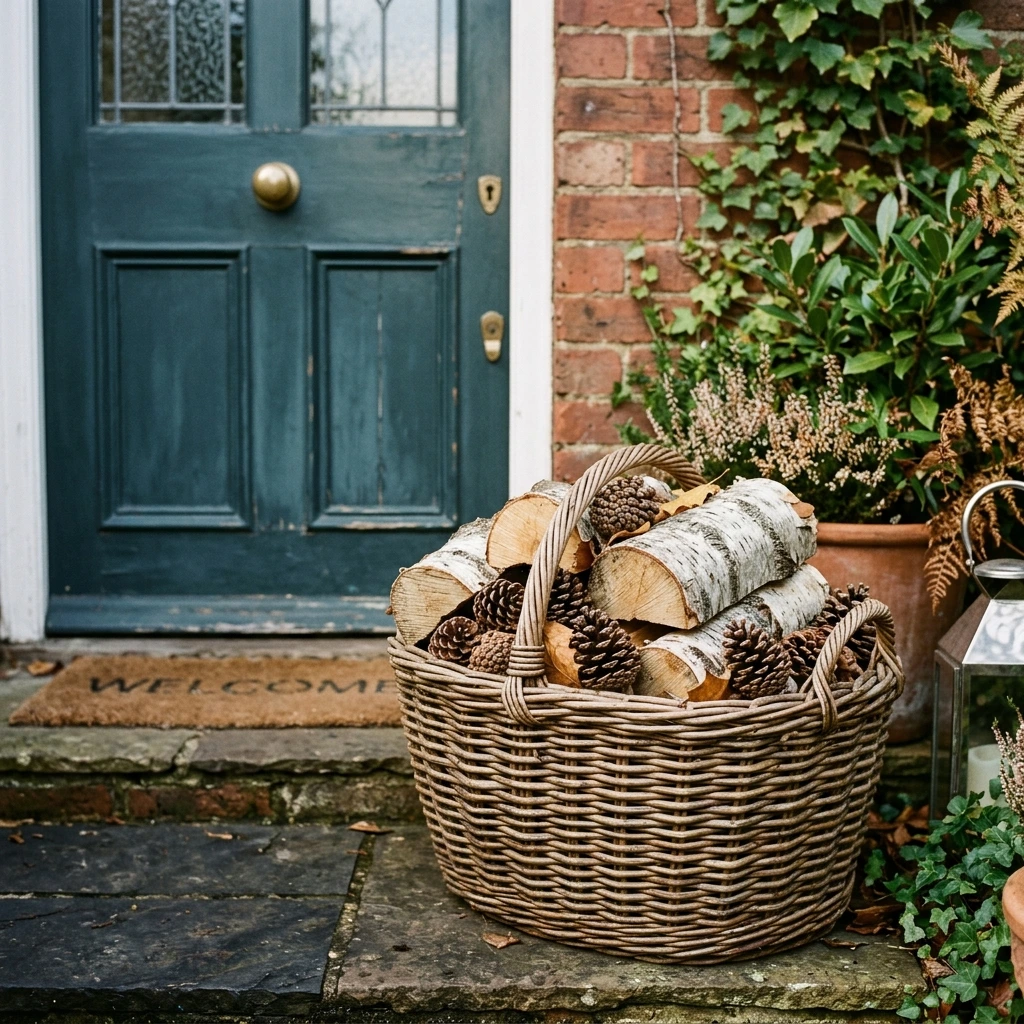 Wicker Basket of Firewood and Pinecones by the Door