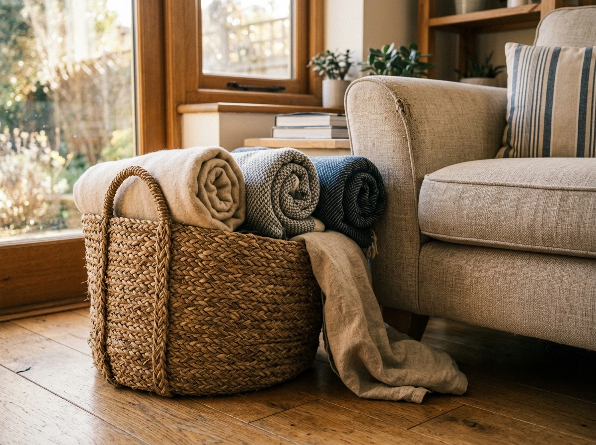 Woven Basket With Blankets for Practical, Photogenic Storage