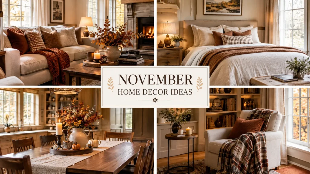 Cozy November home decor ideas with neutral throw, candles and dried stems in a living room