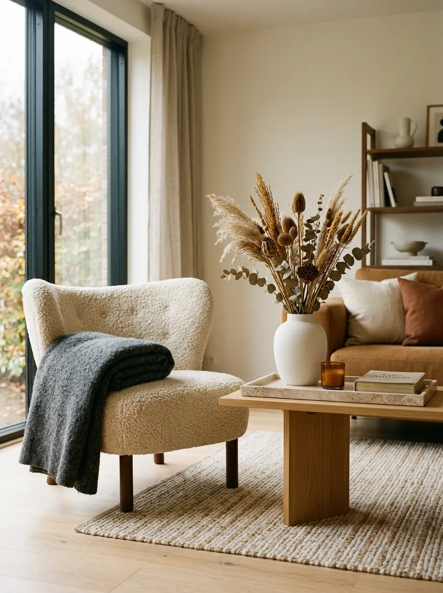The Contemporary November Living Room Keeps Lines Clean and Textures Rich