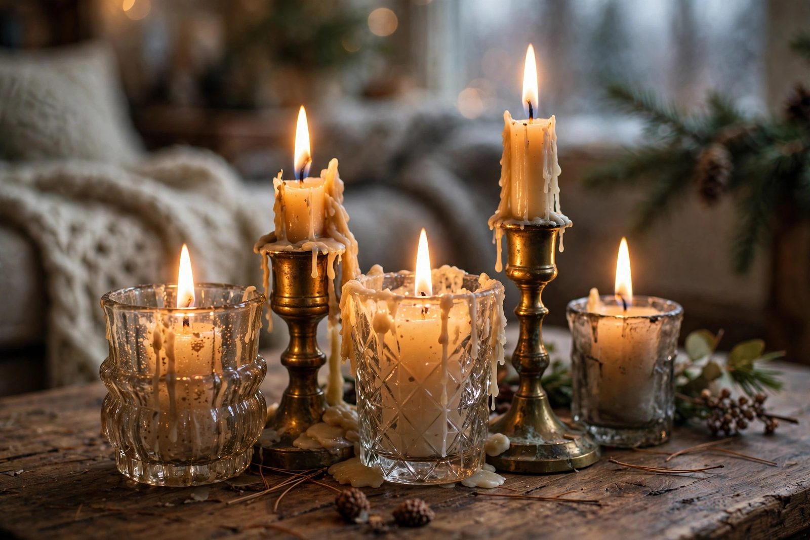 Cluster of glowing candles in mismatched thrifted glass and brass holders on a wooden coffee table