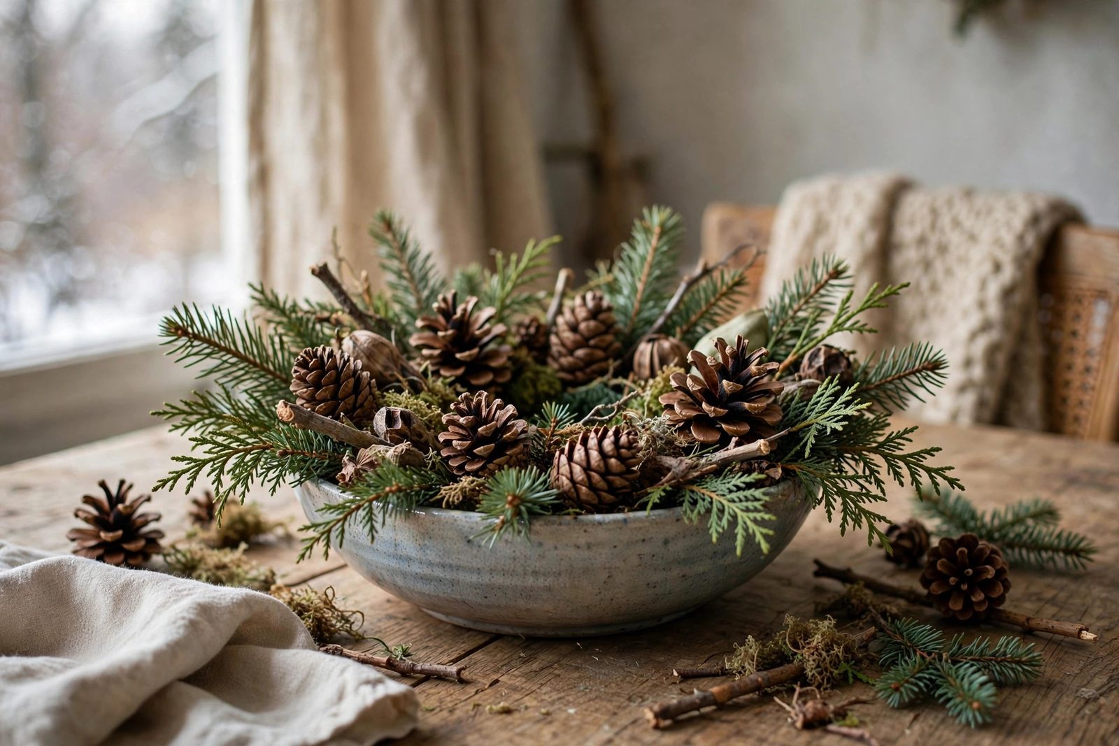 DIY winter arrangement of foraged pinecones and evergreen branches in a ceramic bowl on a dining table