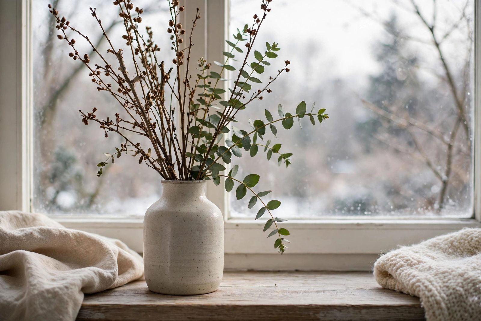 Simply styled winter vignette with a budget-friendly ceramic vase holding tall dried branches by a window