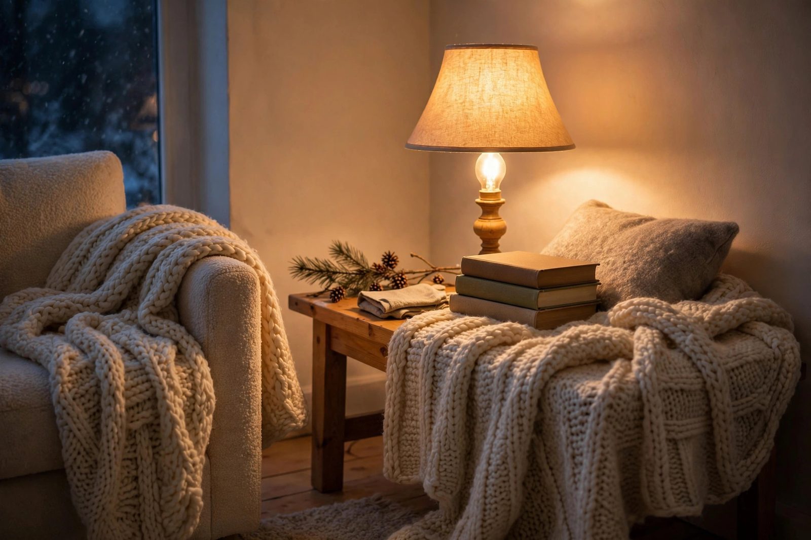 Warm golden lamplight glowing in a simply styled cozy winter living room corner with soft textiles
