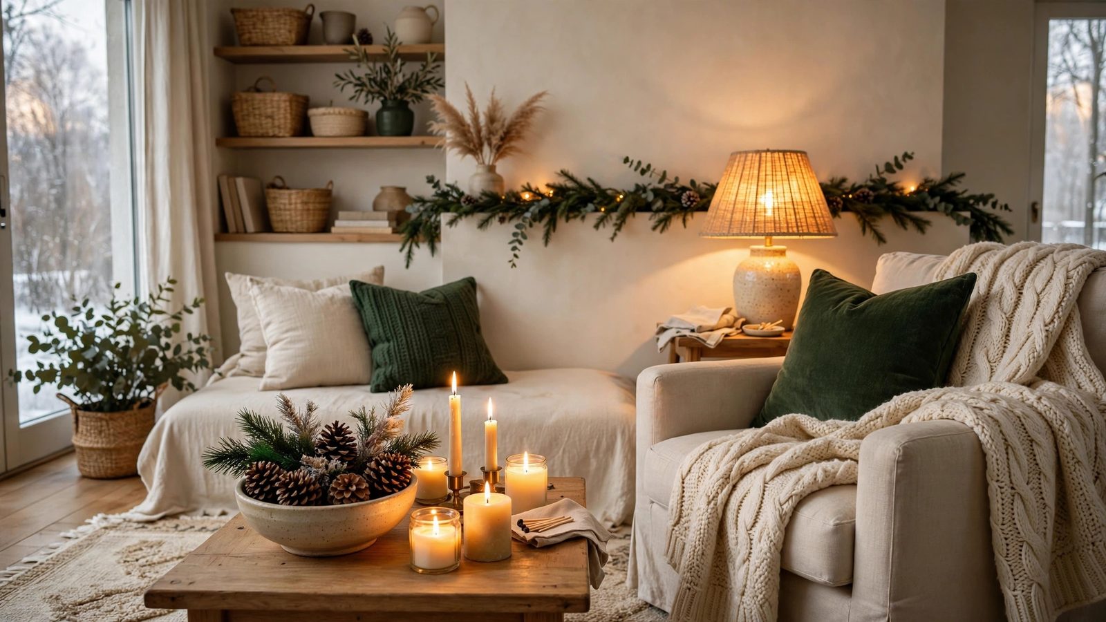 Cozy elegant winter living room styled on a budget with candles, pinecones, a knit throw, and warm lamplight