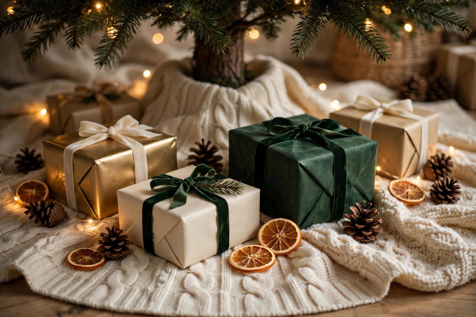 Christmas tree styling with a cream knit tree skirt, wrapped gifts, pinecones, and warm fairy lights