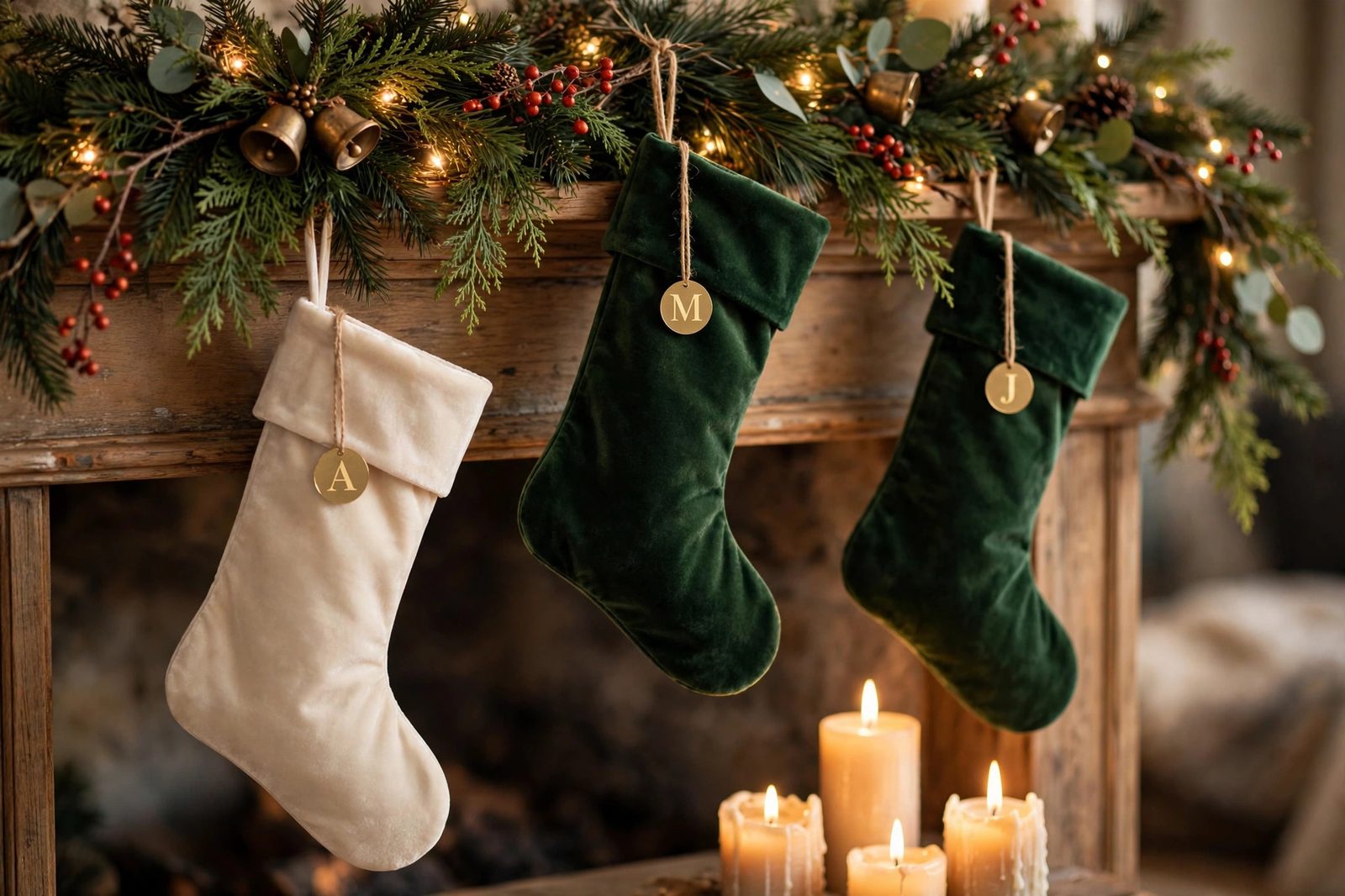 Mantel garland layered with fairy lights and velvet stockings in a Christmas living room