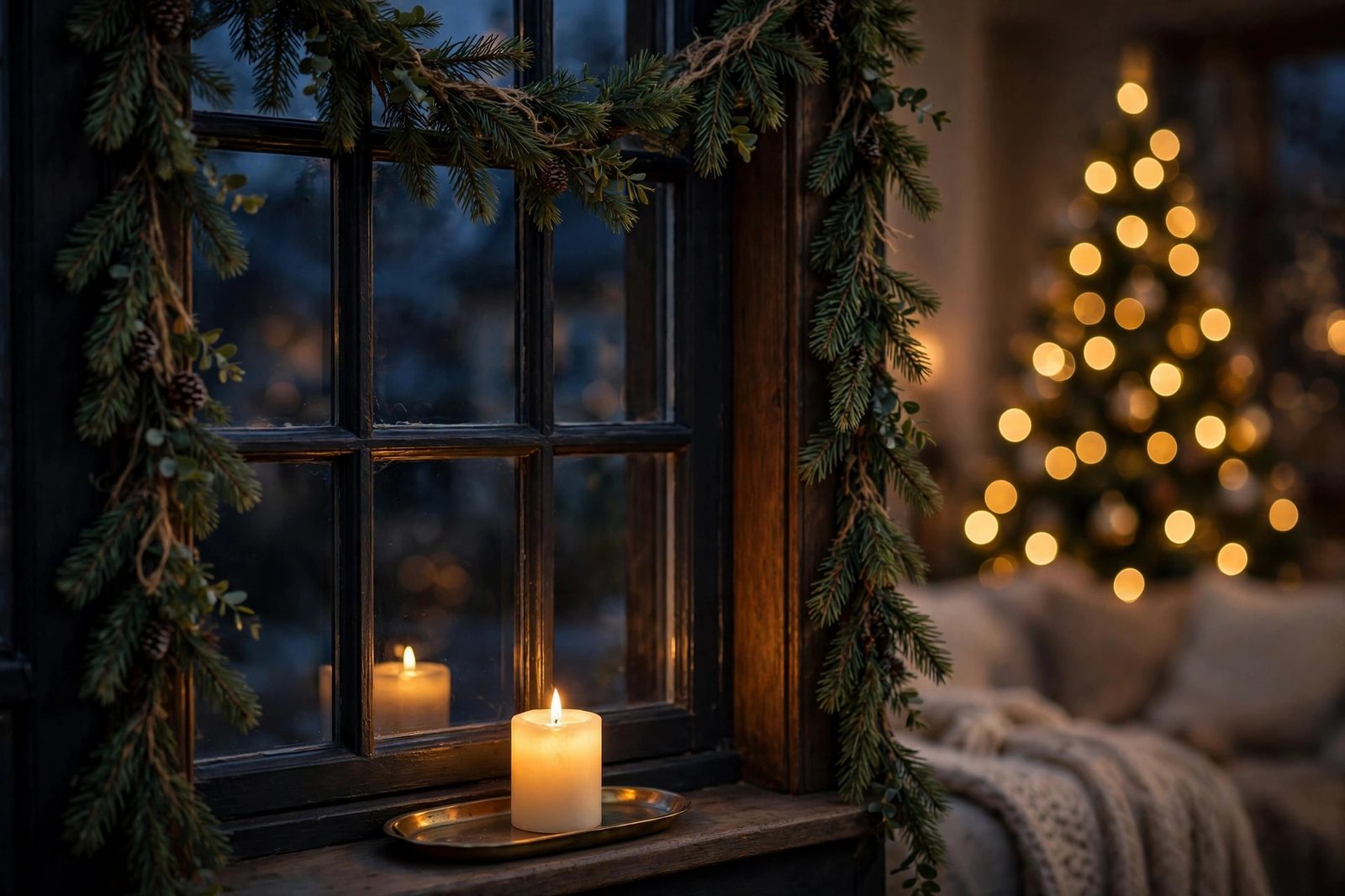 Window candle lights with a pine garland swag glowing at dusk in a holiday living room