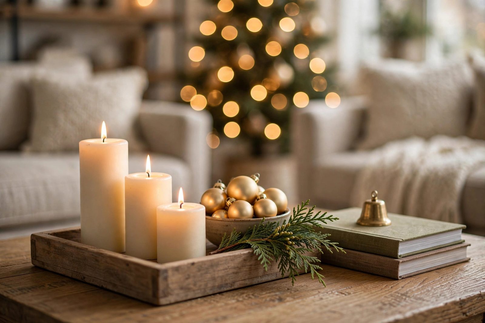 Christmas coffee table vignette with candles, gold ornaments, and cedar on a wooden tray