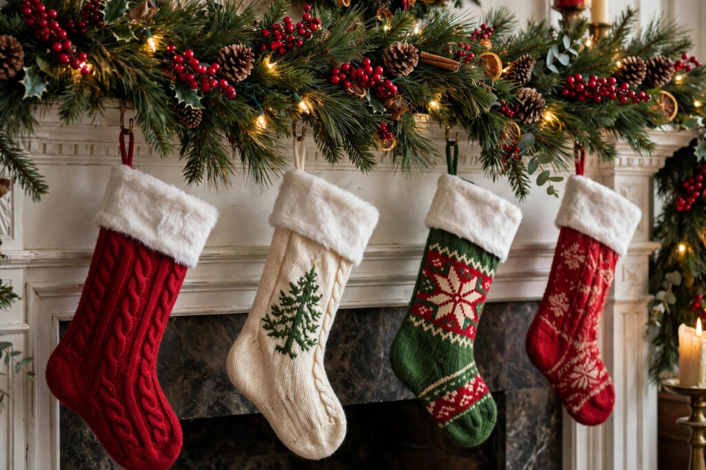 Classic Christmas mantel garland with red berries and pinecones