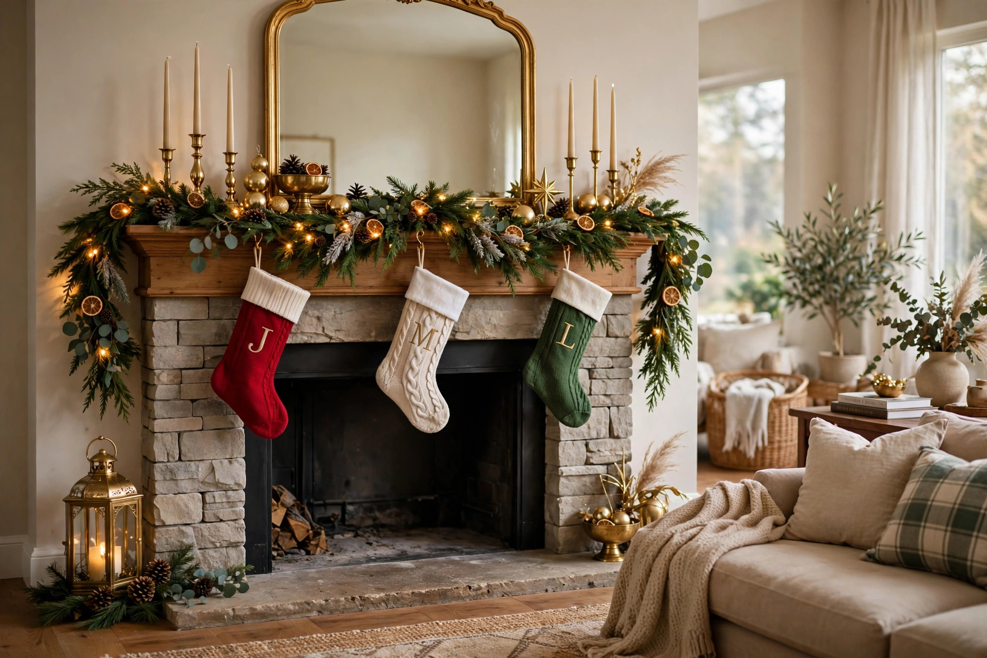 Elegant Christmas mantel decorated with garland, stockings and candles