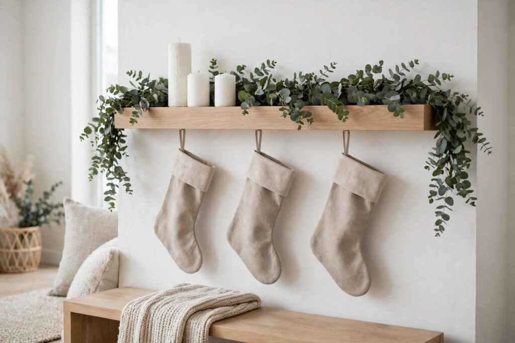 Modern minimalist Christmas mantel with simple greenery and candles