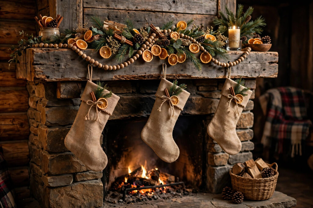 Rustic Christmas mantel with wooden beads and dried oranges on a wood beam